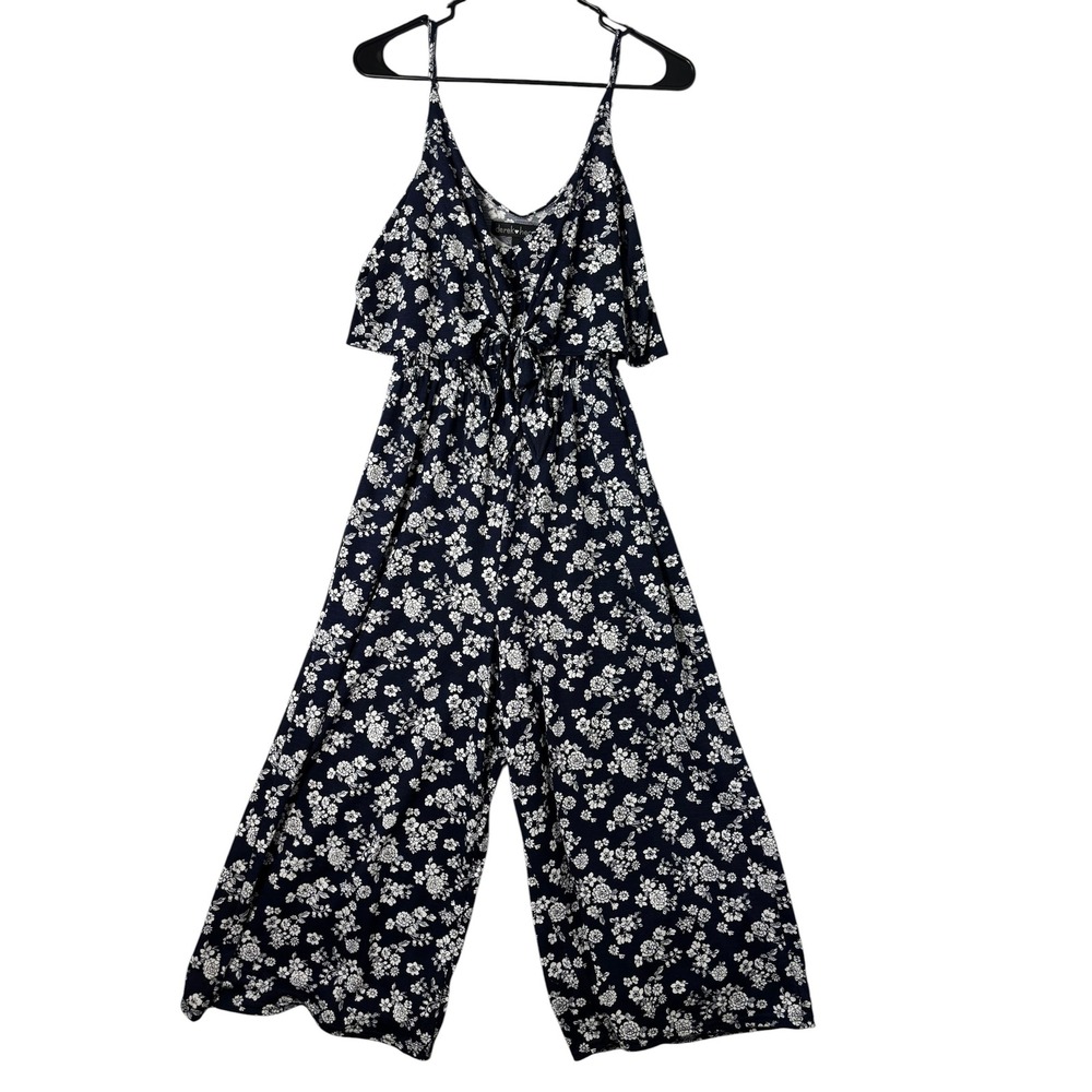 Derek Heart Navy Blue White Floral Wide Leg Jumpsuit Tie Front Large
